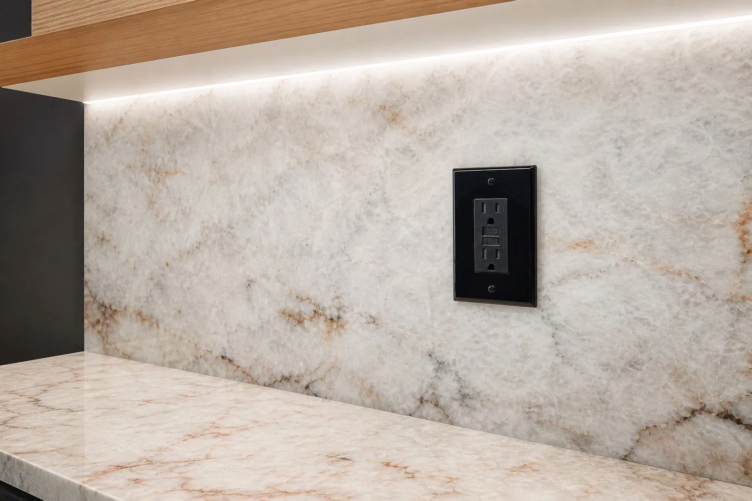 Close view of a black GFCI outlet and matching wall plate